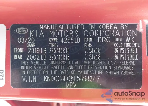 2020 Kia Niro Touring Special Edition z USA, uszkodzony, nr VIN KNDCC3LC8L5393247